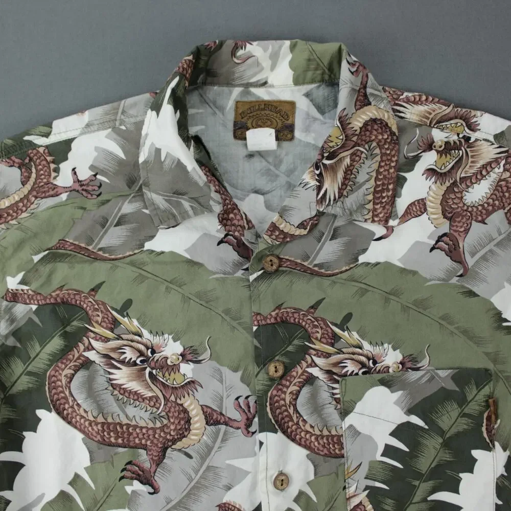 Bullhead Vintage Hawaiian Shirt Mens L Green Brown Cotton Short Sleeve Dragons - Picture 2 of 6